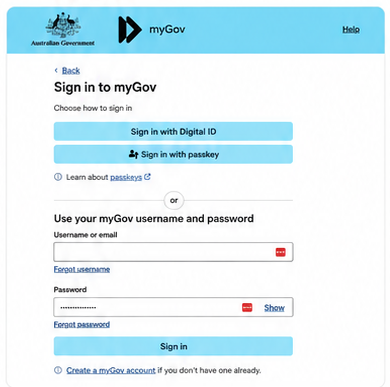 The myGov sign-in screen with username and password fields.