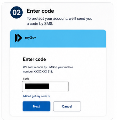 The myGov enter code screen with the SMS code field and Next button.