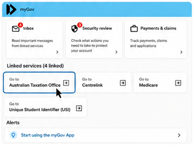 The myGov home page with Australian Taxation Office highlighted under Linked services.