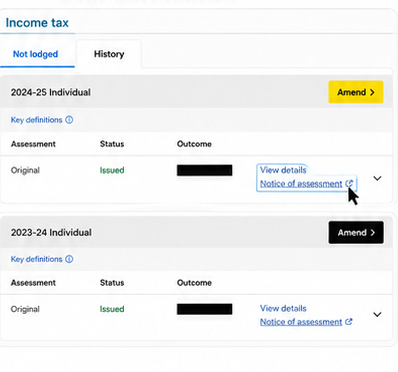 The ATO income tax history list with the Notice of assessment link.