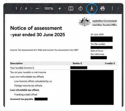 A Notice of assessment PDF open with the download button highlighted.